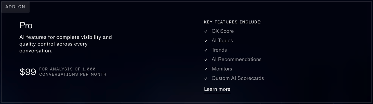 Fin Monitor pricing table showing the Pro add-on at $99/month