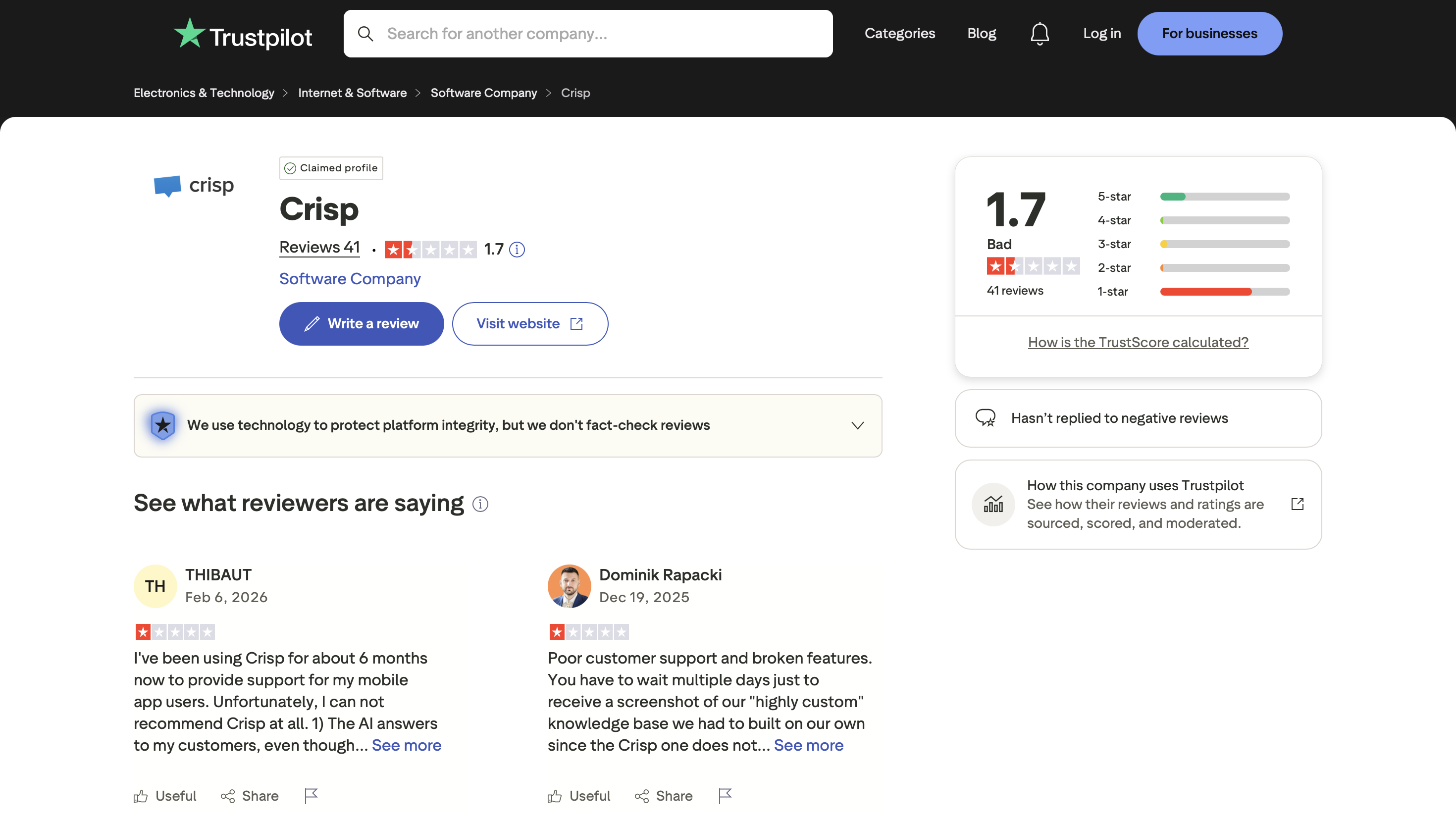 Crisp Trustpilot reviews showing 1.7 out of 5 rating