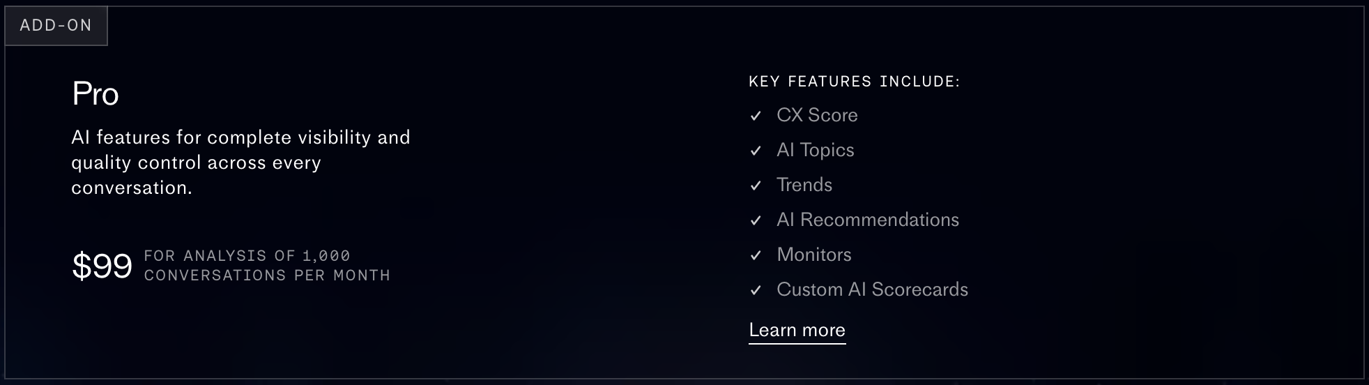 Fin Monitor pricing table showing the Pro add-on at $99/month